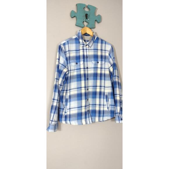 LL Bean Womens Flannel Fleece Lined Shirt Small Blue Plaid Jacket Shacket Button - Picture 2 of 11